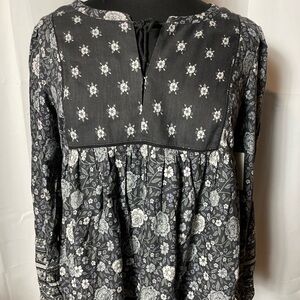 Lucky Brand Black and Gray Smocked Bib Collar Blouse